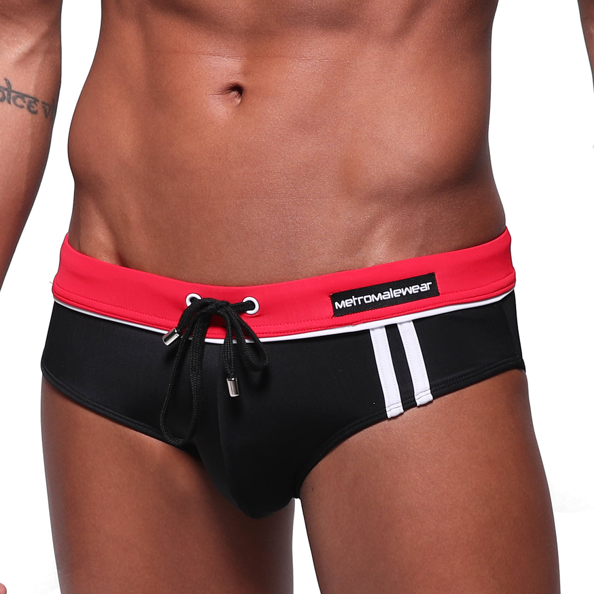 Metro malewear bing sport swim brief black 4924-03 swim trunks with red waistband white side stripes and black drawstring ties