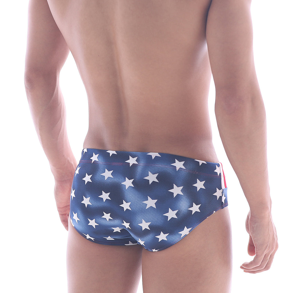 Blue swim trunks with white star pattern by metromalewear american swim brief 4928-90 for beachwear