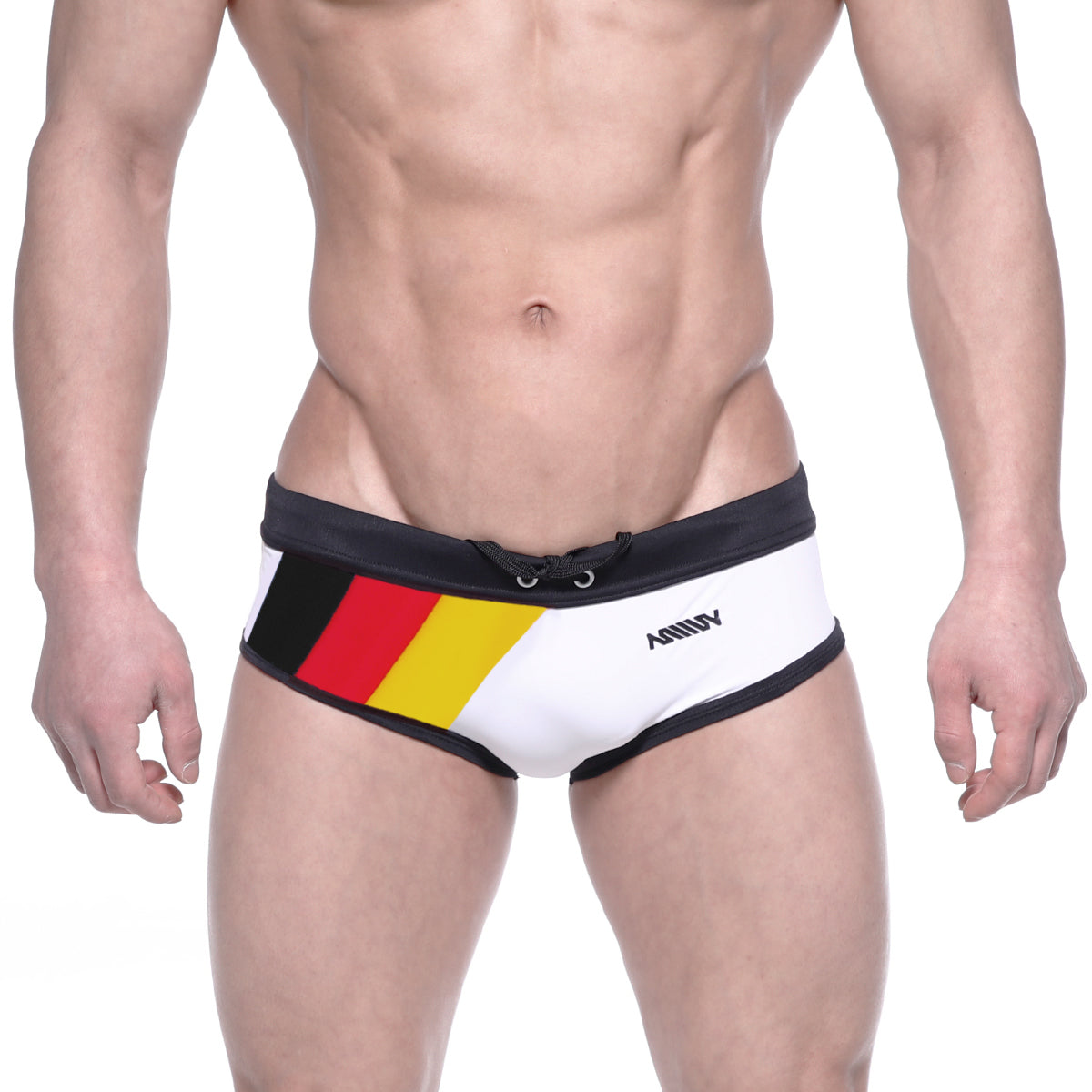 White swim trunks with black trim and german flag design on the side featuring ammy brand name metroMalewear