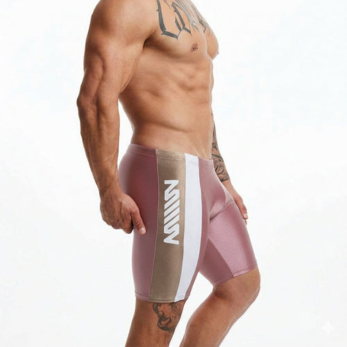 MetroMalewear new jammer swim boxer pink and beige athletic shorts with white vertical stripe and mill branding