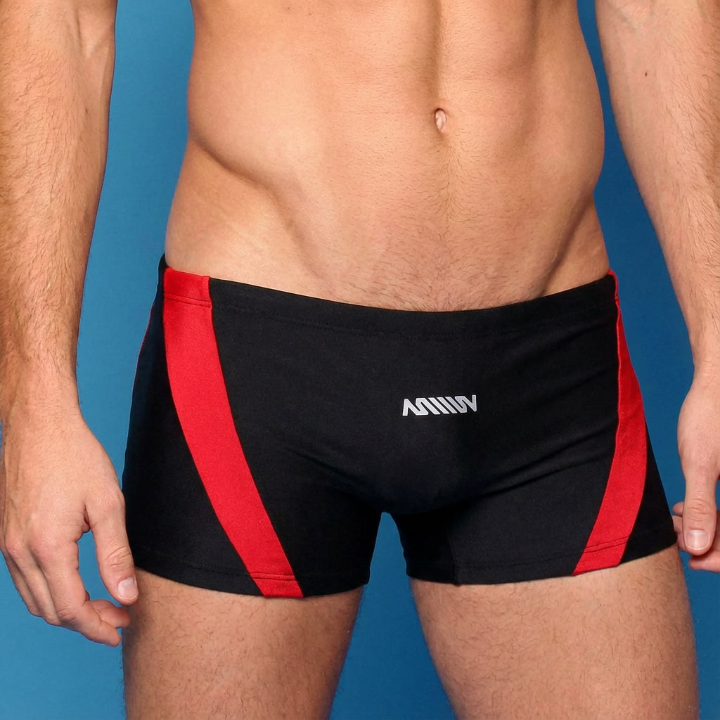Black metroMalewear ultra square cut swim trunks with bold red side stripes and white aniiiv logo on front