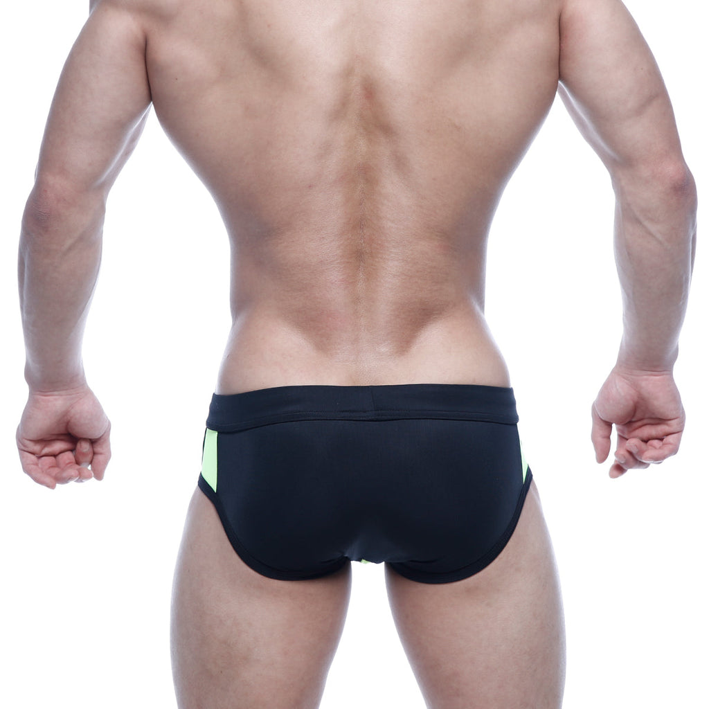 MetroMaleWear Alonzo swim brief green black swim trunks with neon green side panels for men beachwear