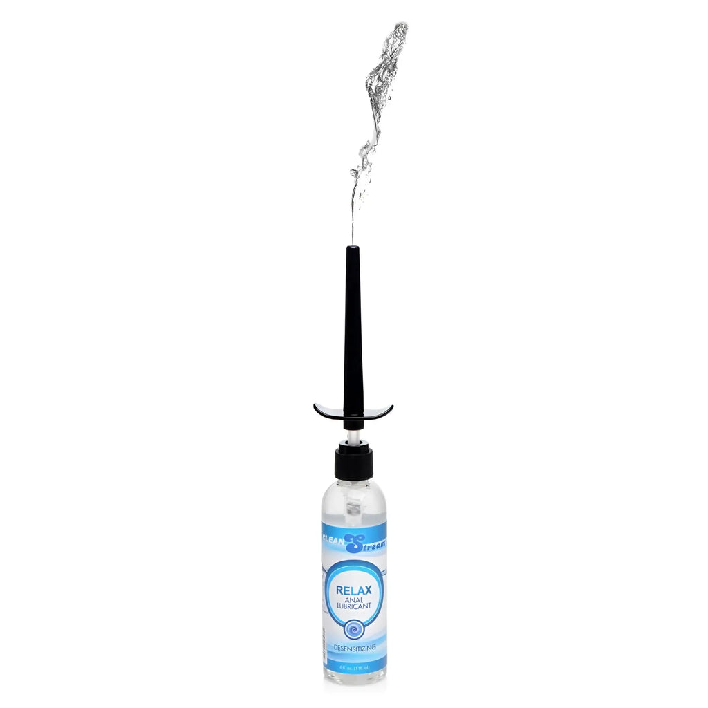 Clear plastic bottle with black pump labeled relax anal lubricant in blue and white on light blue 4oz cleanstream lube