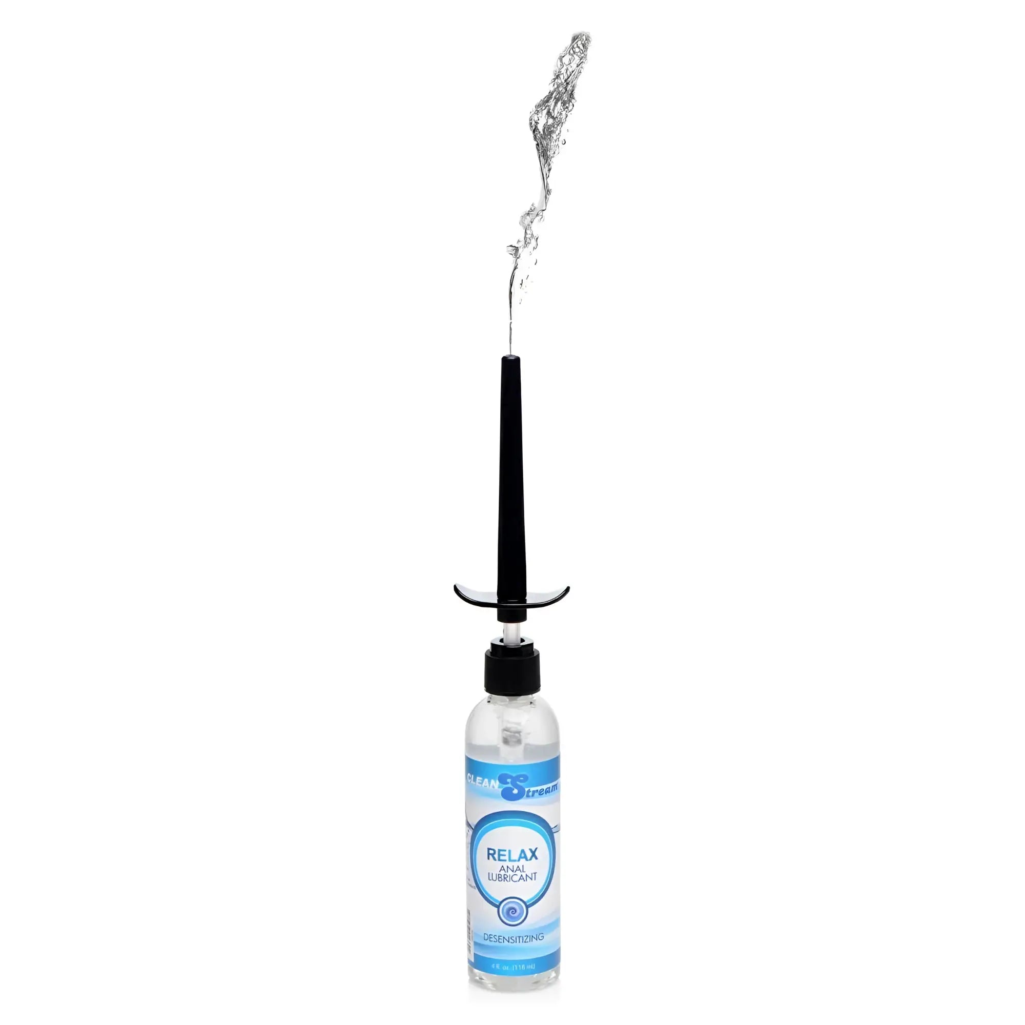 Clear plastic bottle with black pump labeled relax anal lubricant in blue and white on light blue 4oz cleanstream lube
