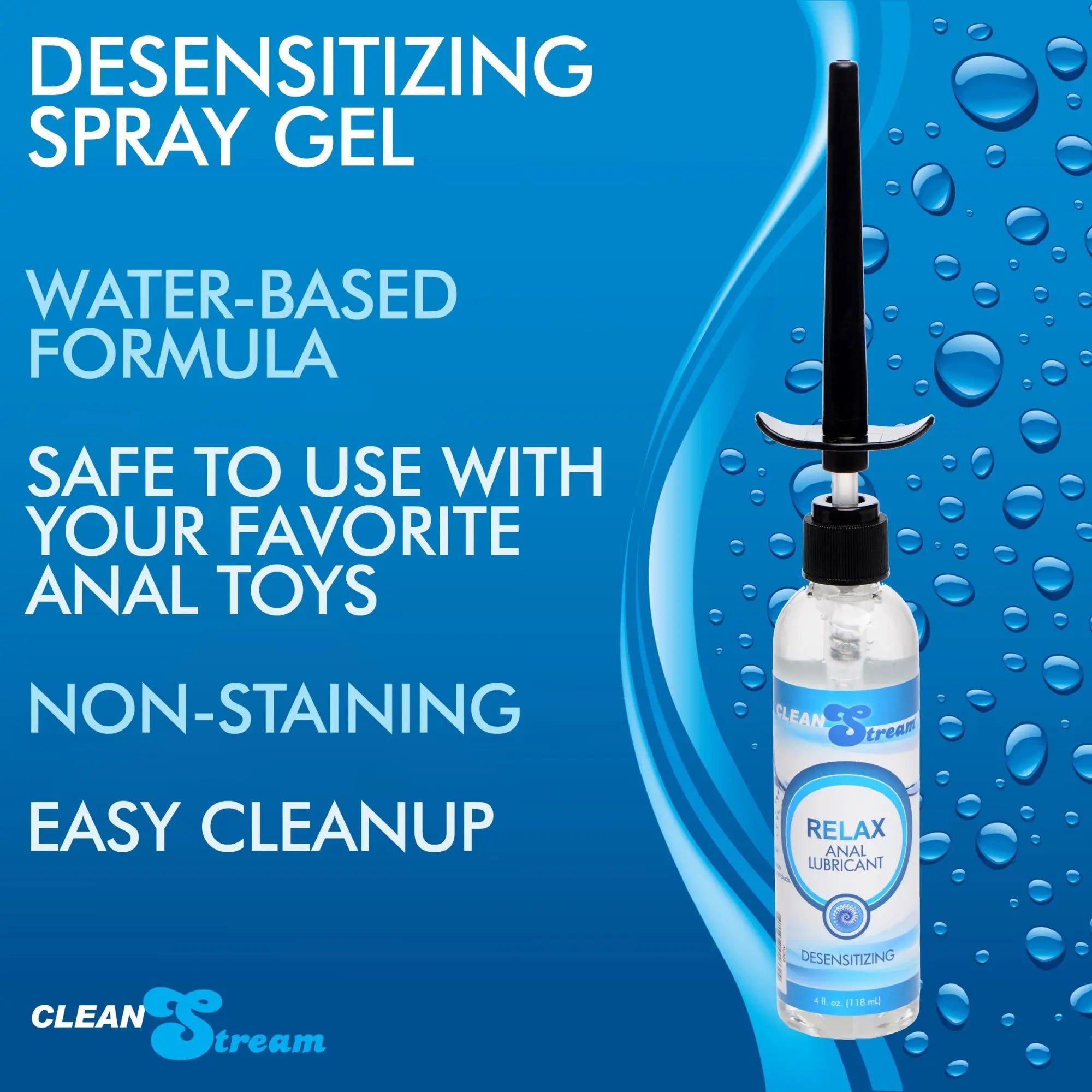 Clear plastic 4oz CleanStream relax desensitizing anal lube bottle with black pump and blue white label
