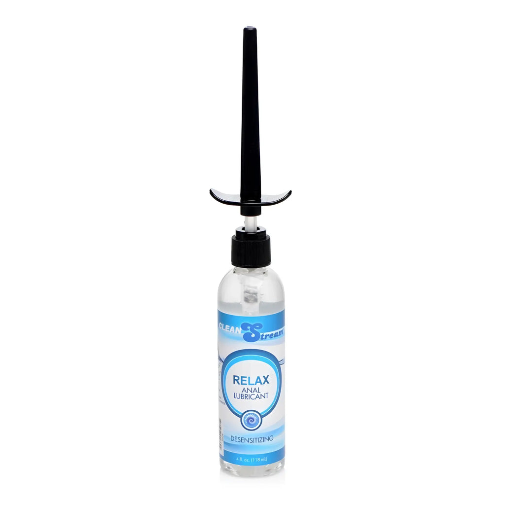 Clear plastic bottle with black pump and blue label of clean stream relax desensitizing anal lubricant 4oz with injector kit