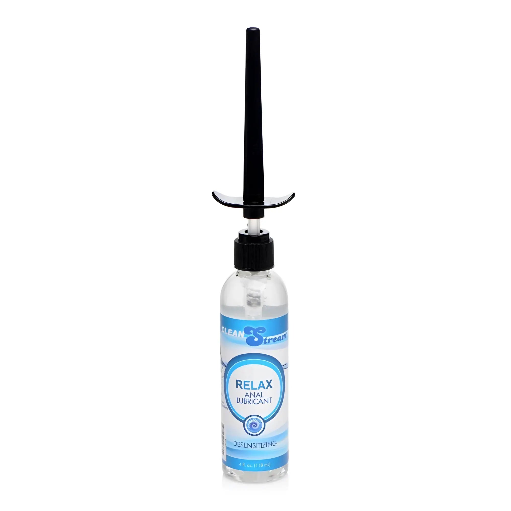 Clear plastic bottle with black pump and blue label of clean stream relax desensitizing anal lubricant 4oz with injector kit
