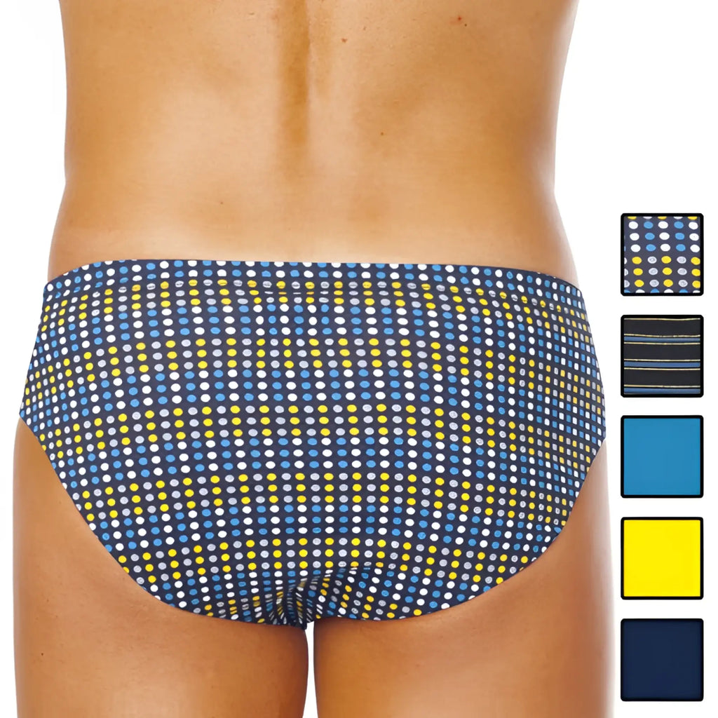 Blue and yellow polka dot swim trunks with dark navy base from 5 pack papi assorted low rise brief underwear size m