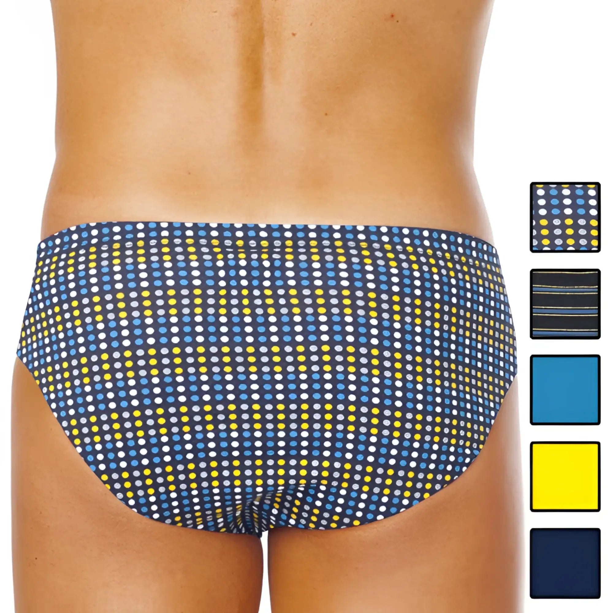Blue and yellow polka dot swim trunks with dark navy base from 5 pack papi assorted low rise brief underwear size m
