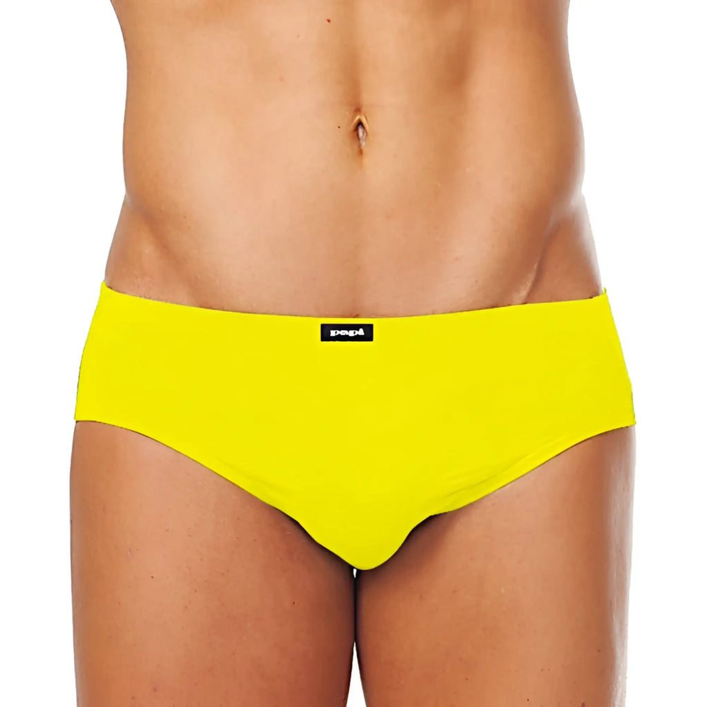 Bright yellow papi low rise briefs with black brand tag at waistband from 5 pack assorted underwear size m