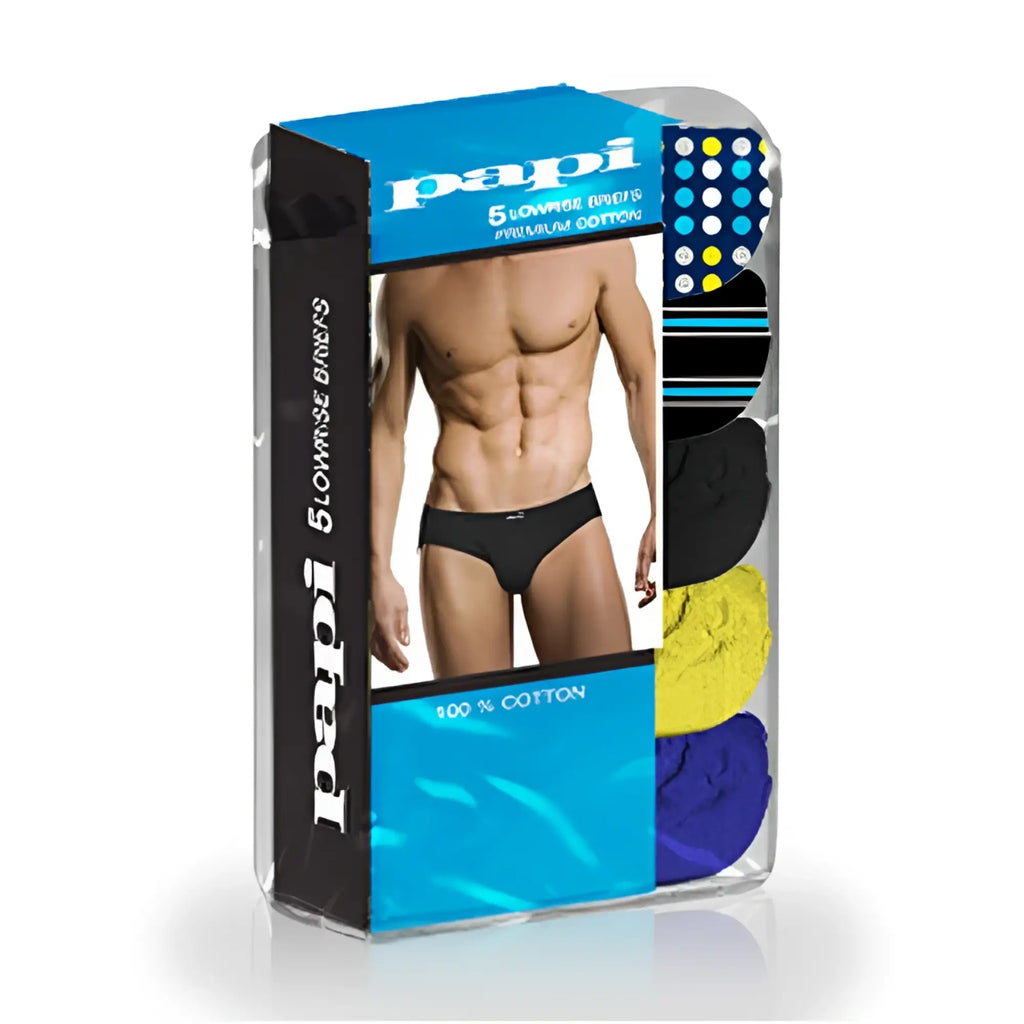 5 pack papi assorted low rise briefs in black yellow and blue with premium cotton design size m