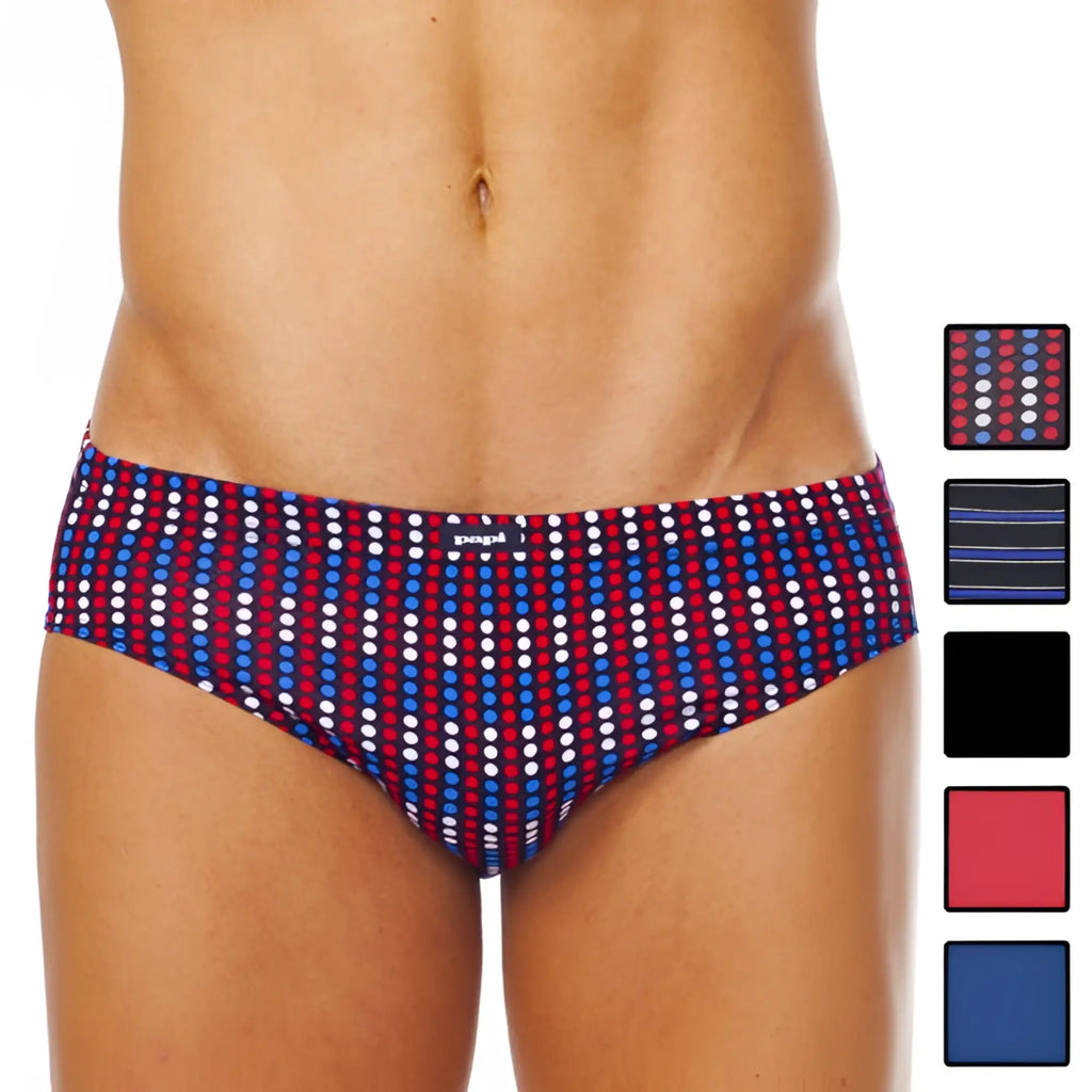 Red blue and white polka dot patterned men’s low rise briefs with black papi brand tag size m in 5 pack