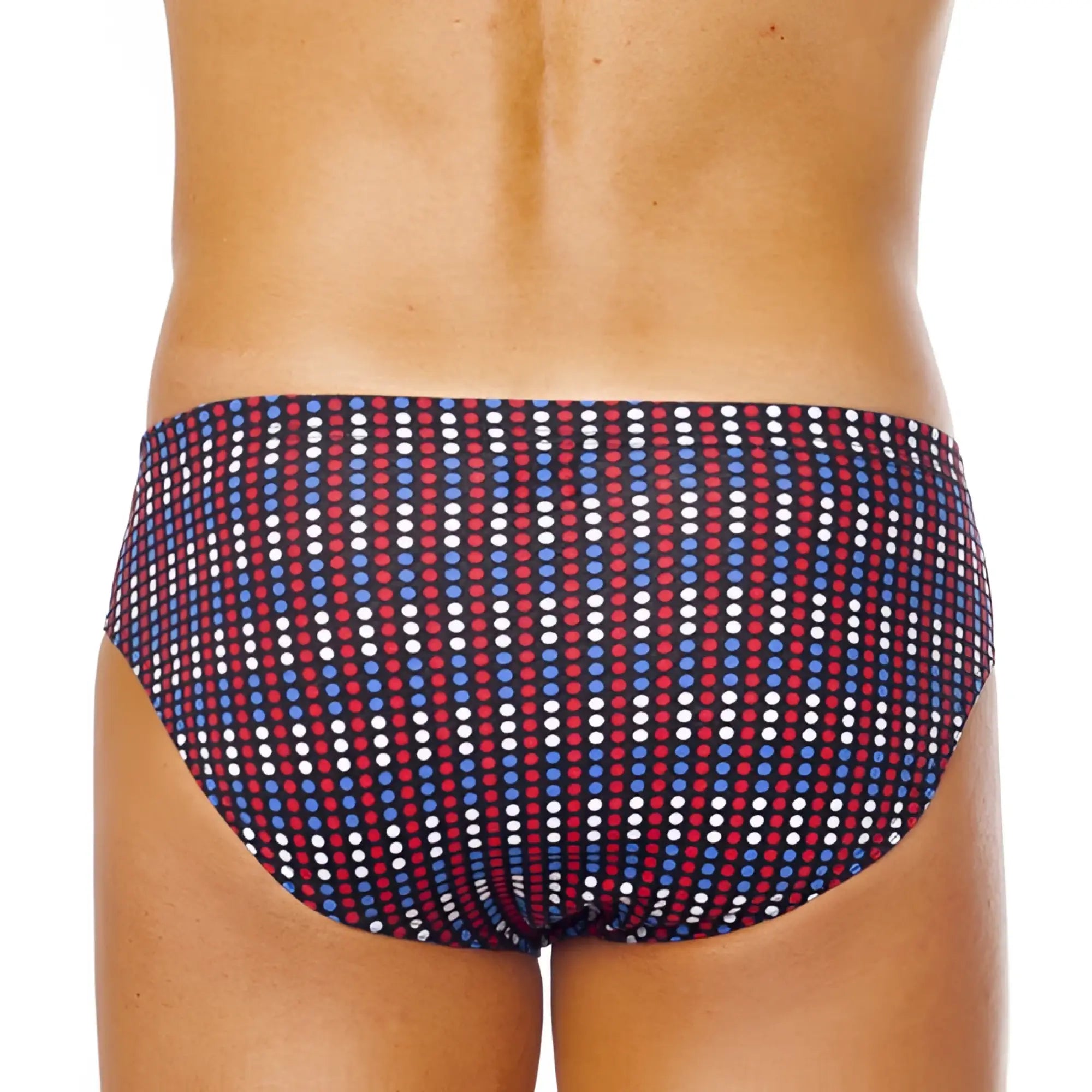 A pair of papi assorted conventional low rise brief bikini bottoms in size m with red blue and white dotted vertical stripes on navy