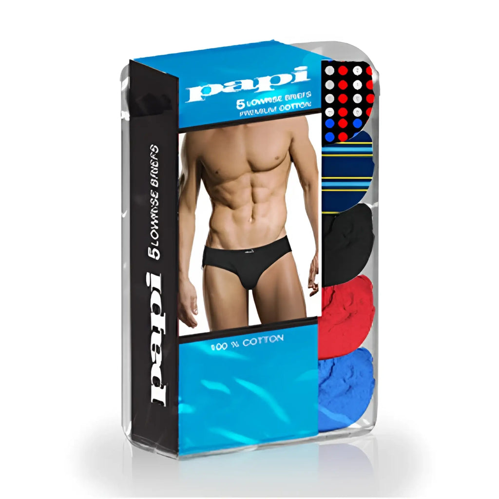 Five pack papi assorted low rise brief underwear in black red and blue for men size medium