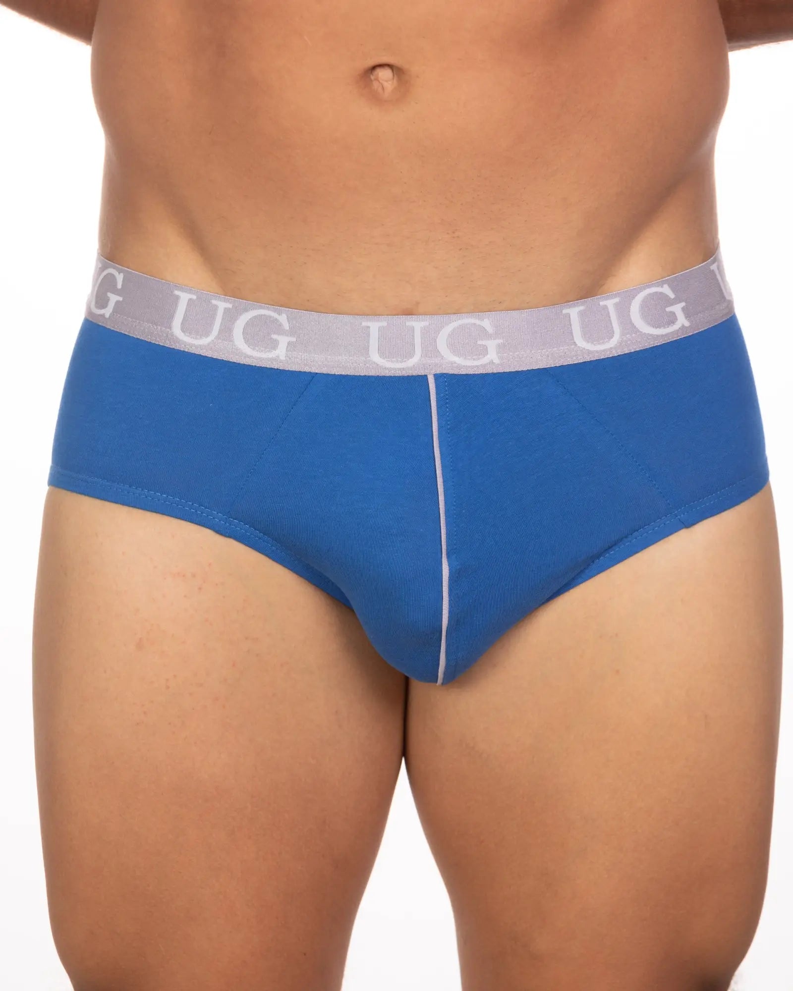 Blue ug men’s briefs with gray waistband white ug lettering and vertical seam from 5-pack undergear basix brief