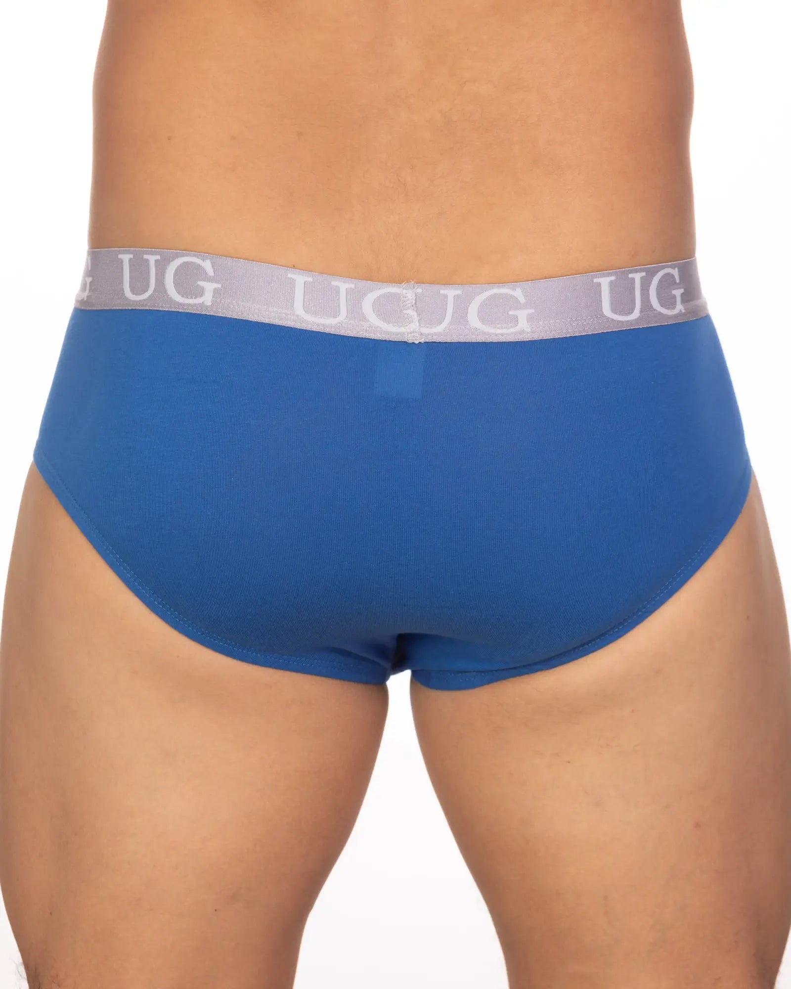 Blue undergear basix brief with gray waistband and ug logo shown from the front in 5-pack underwear set