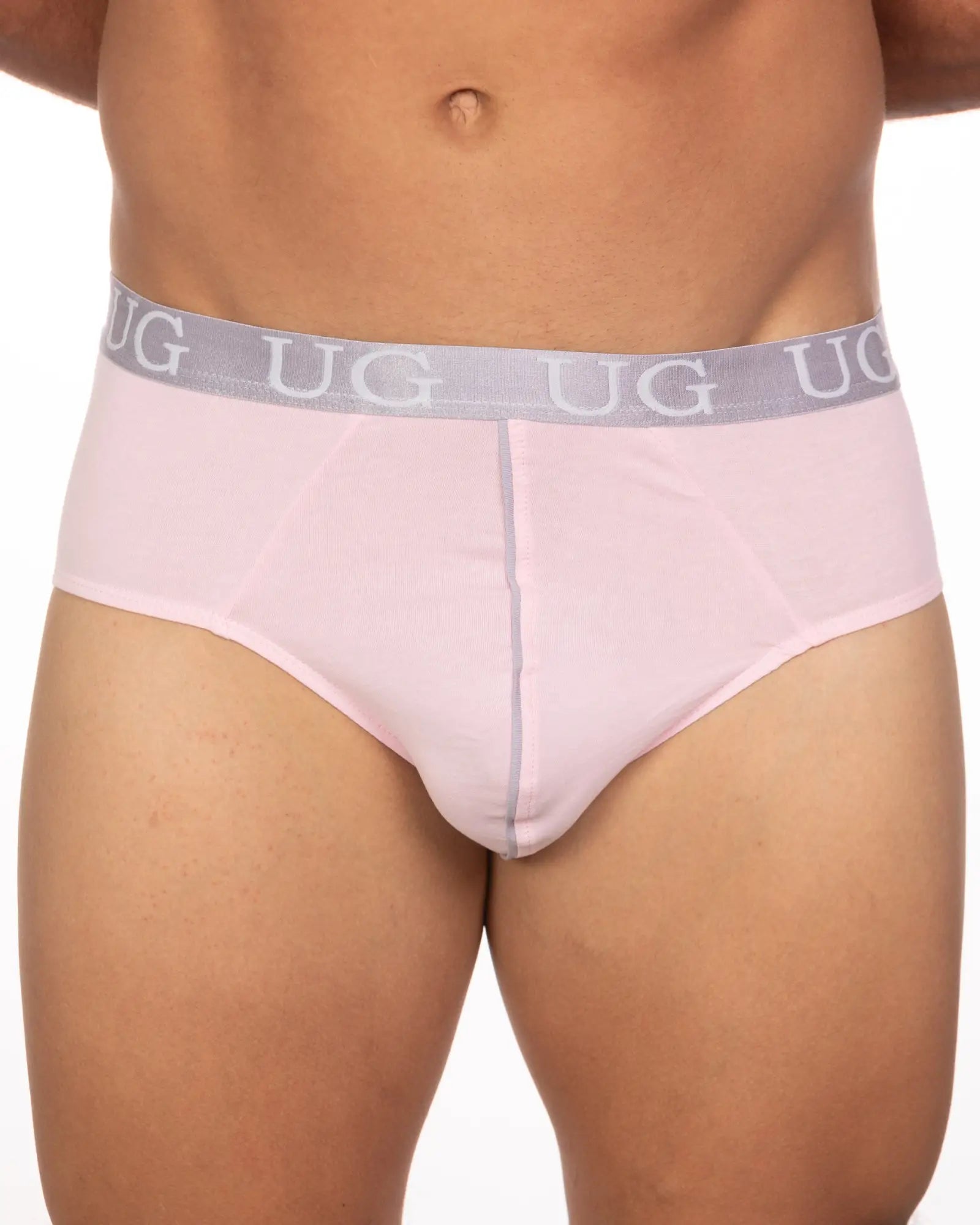 Pink ug brand briefs with gray elastic waistband featuring repeating ug lettering in 5 pack undergear basix brief
