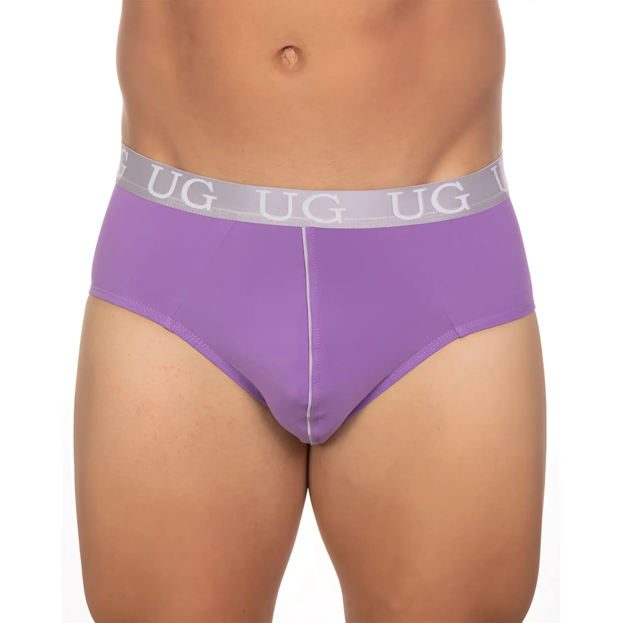 Purple ug underwear brief with gray waistband and white ug logo part of 5 pack undergear basix brief set
