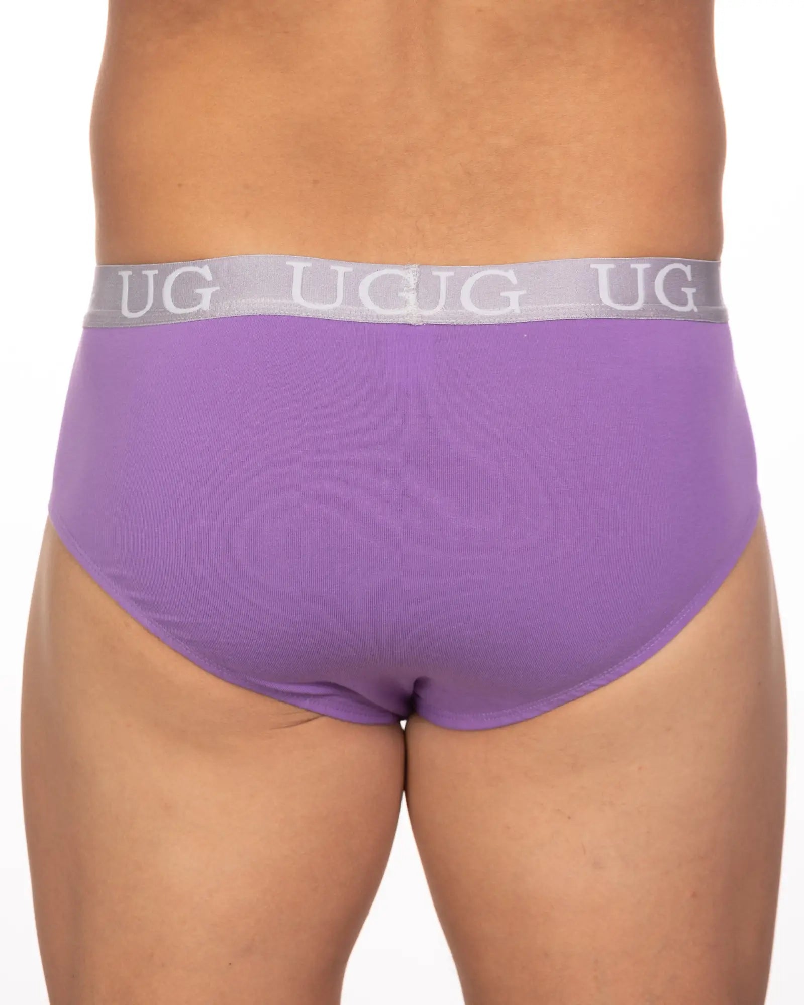 Purple 5-pack undergear basix brief underwear with ribbed texture and gray waistband featuring ug logo