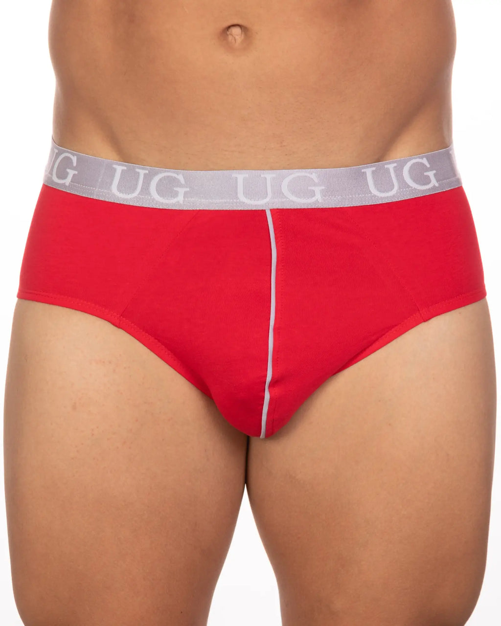 Red briefs with gray ug logo waistband and white center seam from 5-pack undergear basix brief collection