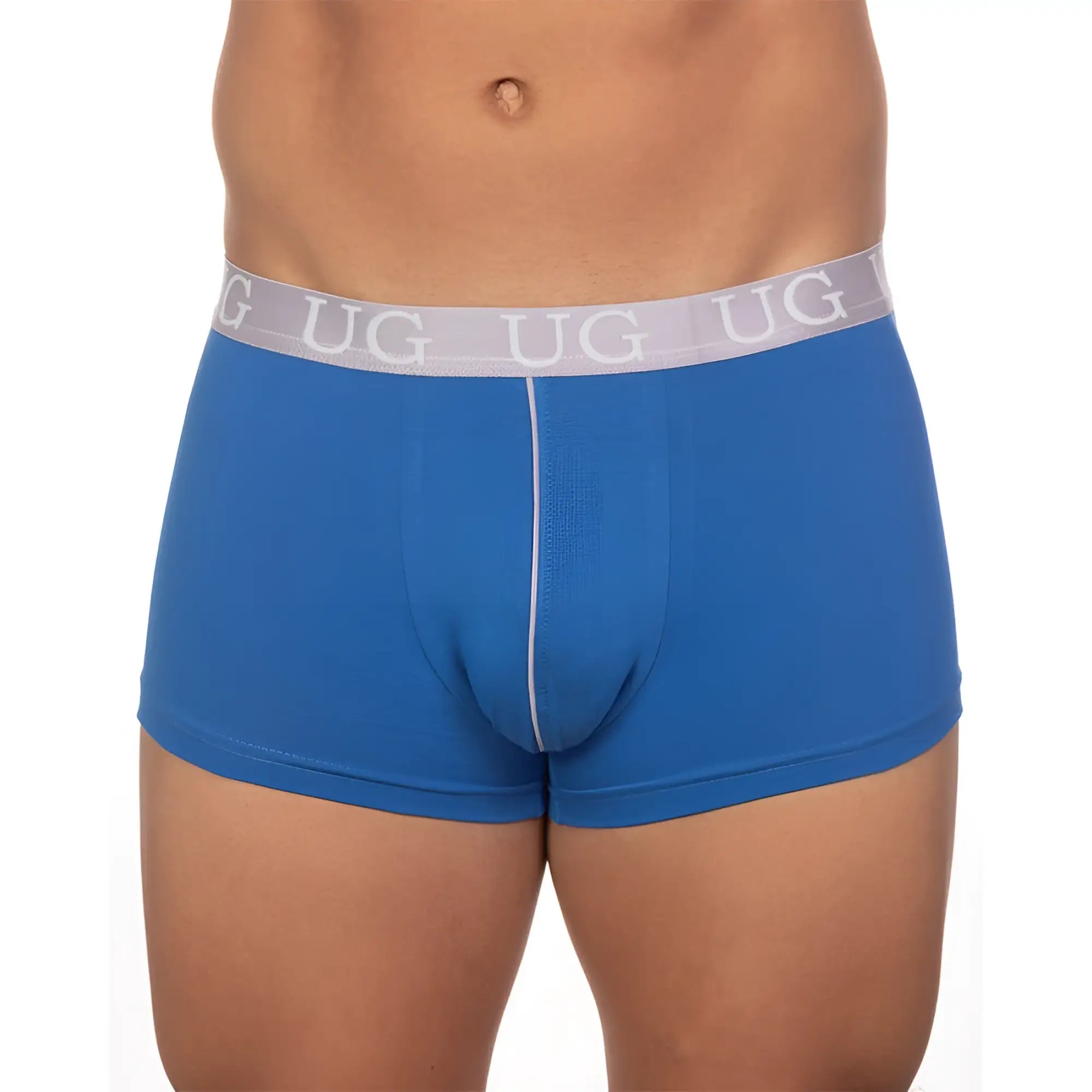 Blue undergear basix trunks with white elastic waistband featuring repeated ug logo in a 5 pack set
