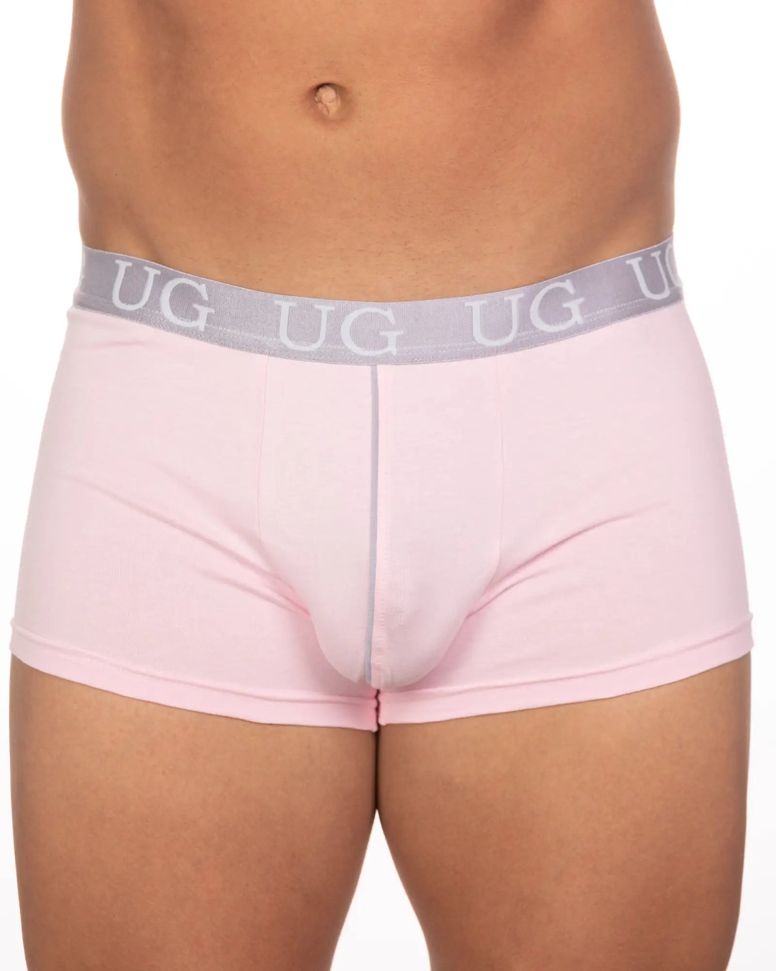 Pink ug brand briefs with a gray waistband featuring repeating ug lettering in a 5-pack undergear basix trunk set