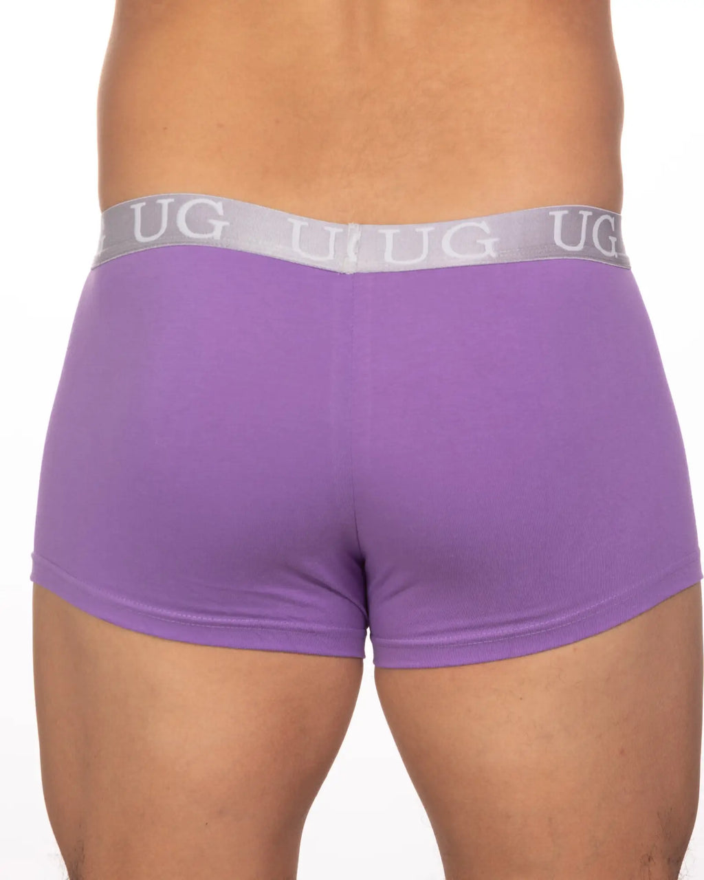 Purple ug brand briefs with gray waistband and white ug logo featured in 5 pack undergear basix trunk pack