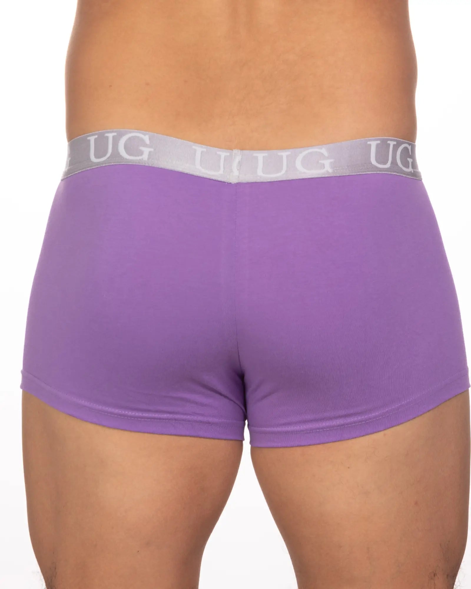 Purple ug brand briefs with gray waistband and white ug logo featured in 5 pack undergear basix trunk pack