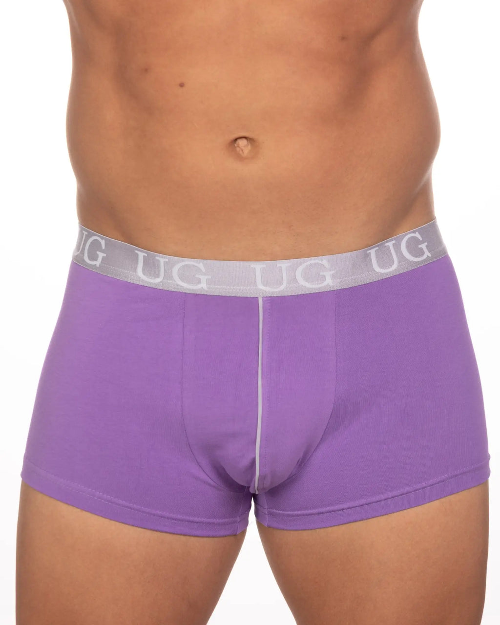 Purple ug brand briefs with gray waistband and white ug logo in a 5-pack undergear basix trunk set