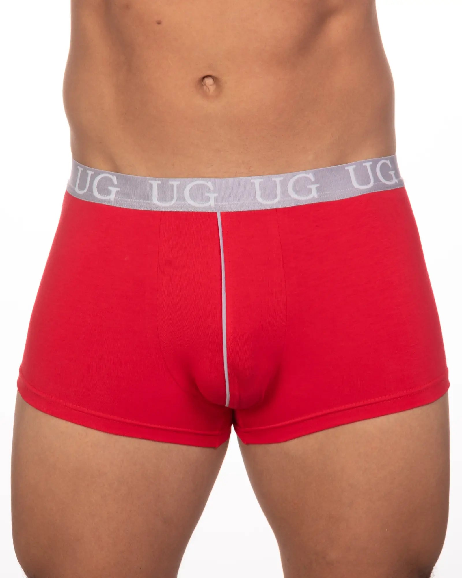 Red ug men’s briefs with gray waistband and white center seam from the 5-pack undergear basix trunk set