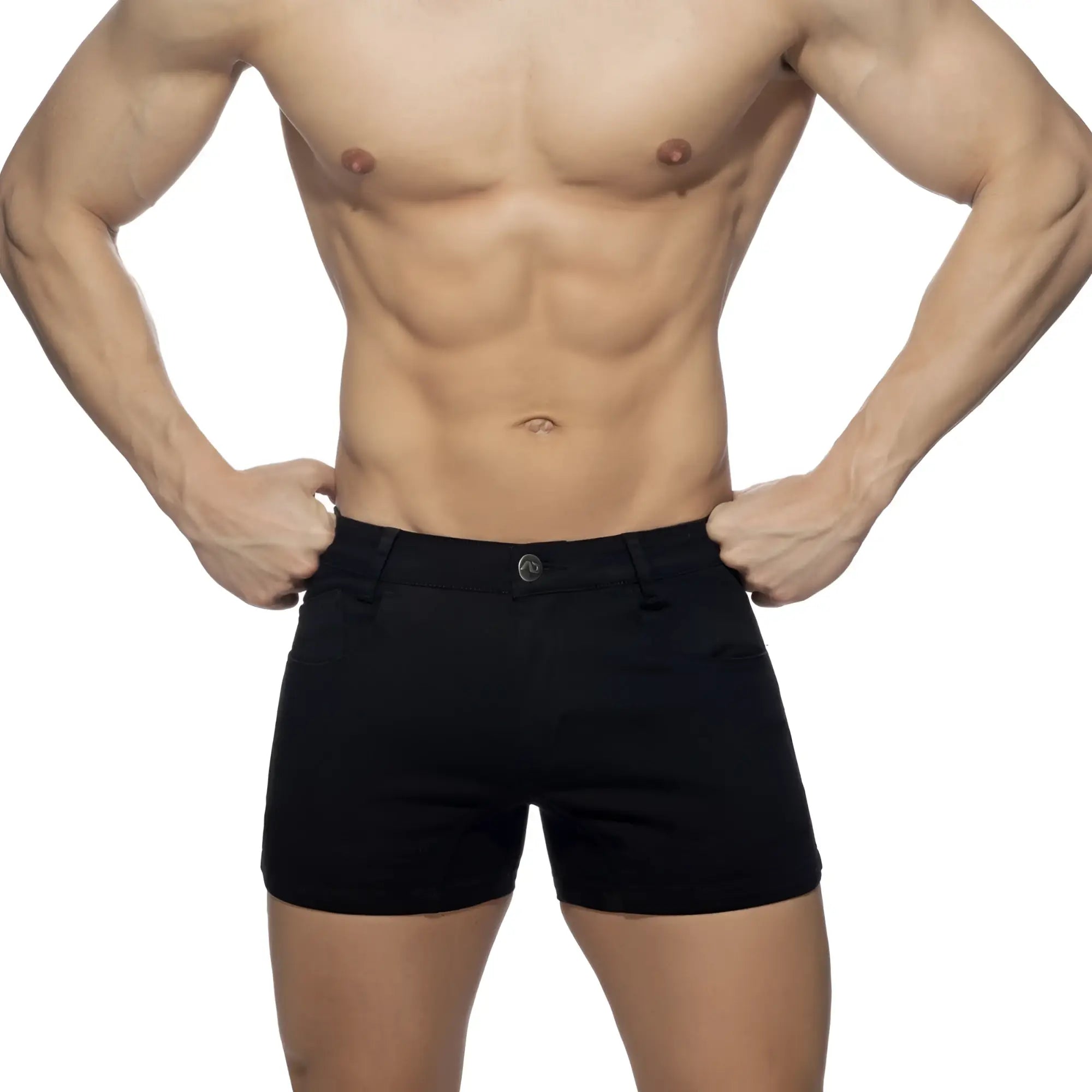 Black men’s 5 pockets summer shorts with classic tailored fit and single button closure for casual wear