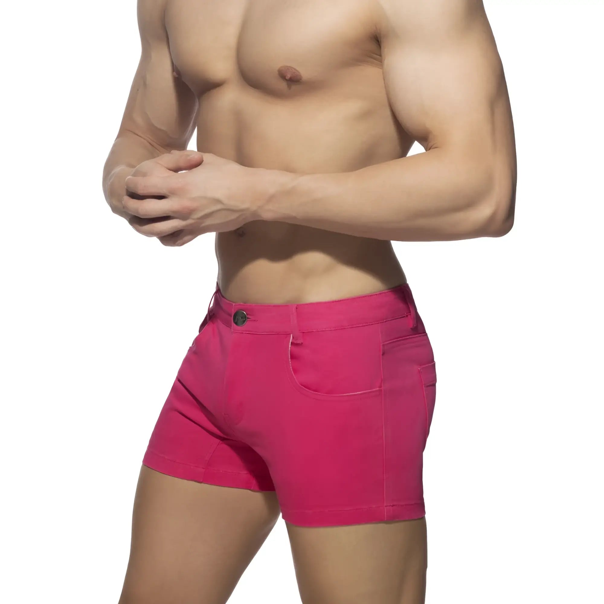 Vibrant fuchsia 5 pockets summer shorts made of durable denim fabric with classic five-pocket design and button closure