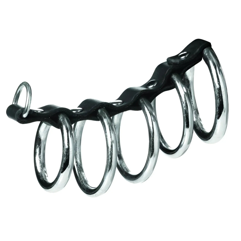 Black leather strap with five shiny chrome rings arranged in a curved row for 5-ring chastity device