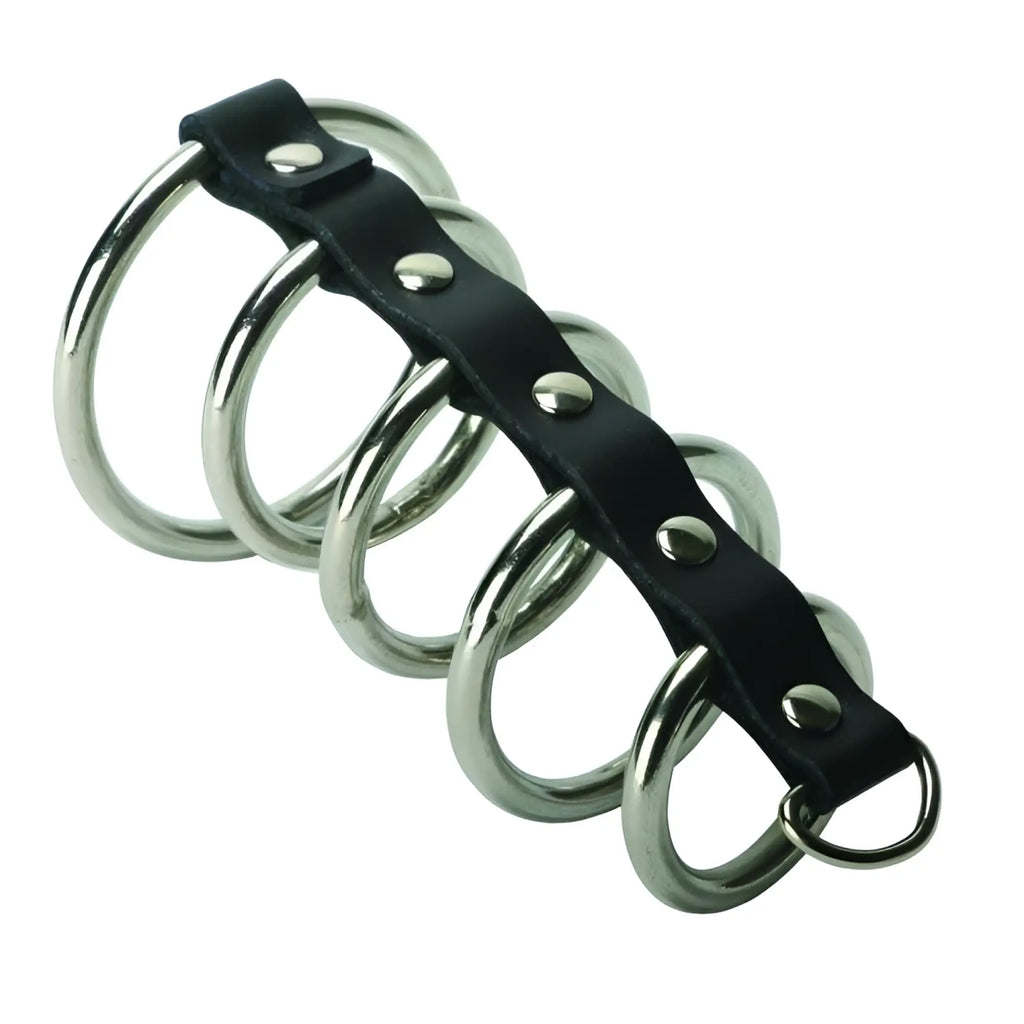 Black leather 5-ring chastity device strap with five silver-toned metal rings secured by rivets
