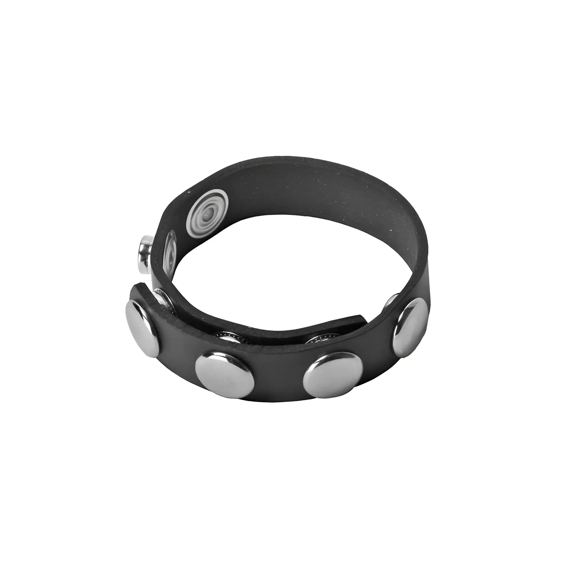 Black leather bracelet with shiny silver toned circular studs and magnetic clasp featured in 5 snap rubber cock ring