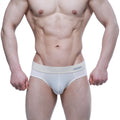 White mens briefs from MetroMaleWear basic brief nude 5003-07 with subtle gray logo on waistband