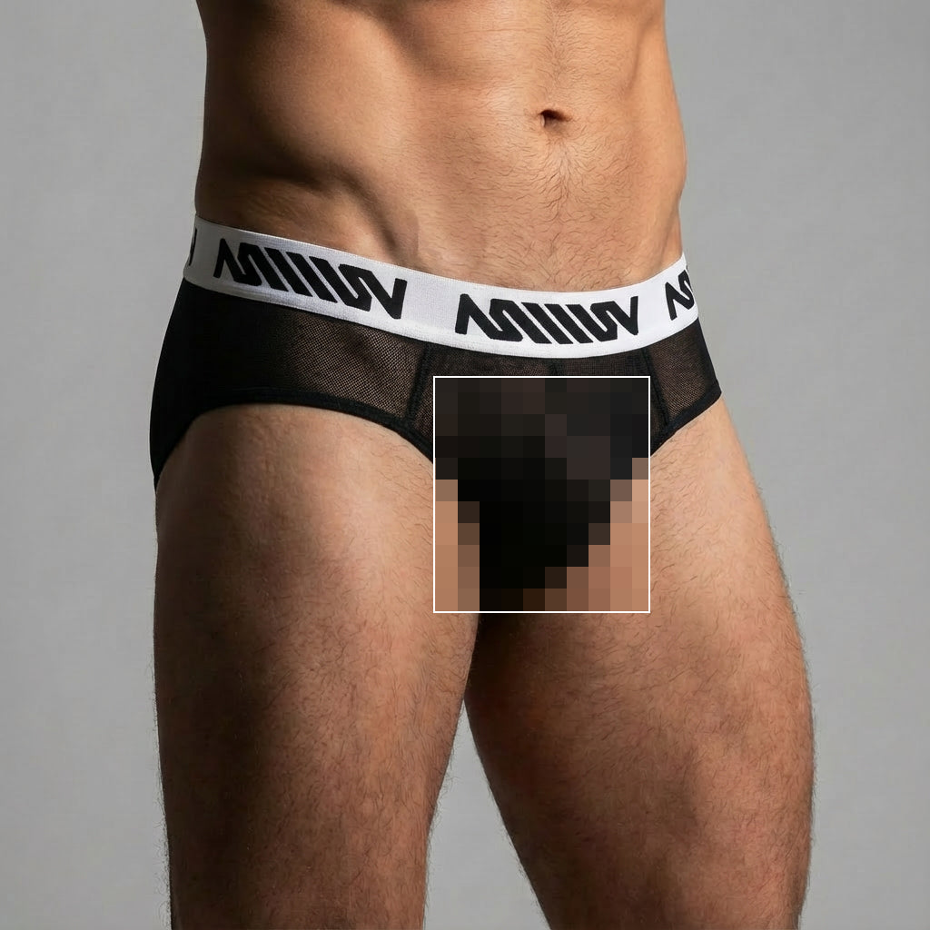 MetroMaleWear mesh hip brief black 5003-44 featuring black mesh and white elastic waistband with miiow logo