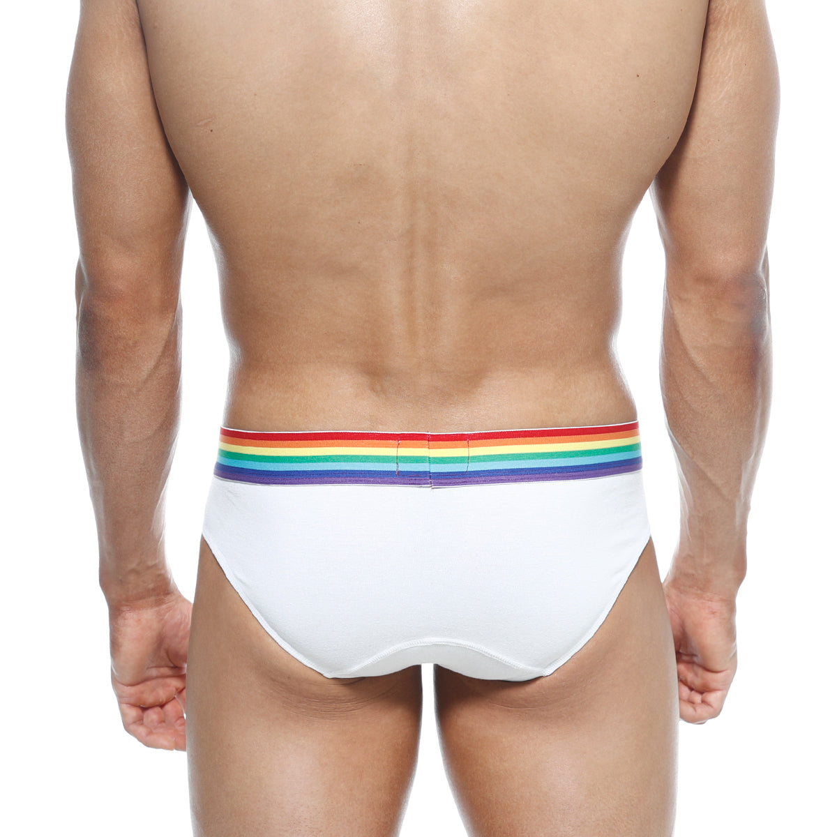 White briefs metroMalewear pride brief 5006-r00 with vibrant rainbow stripe waistband for comfortable everyday wear