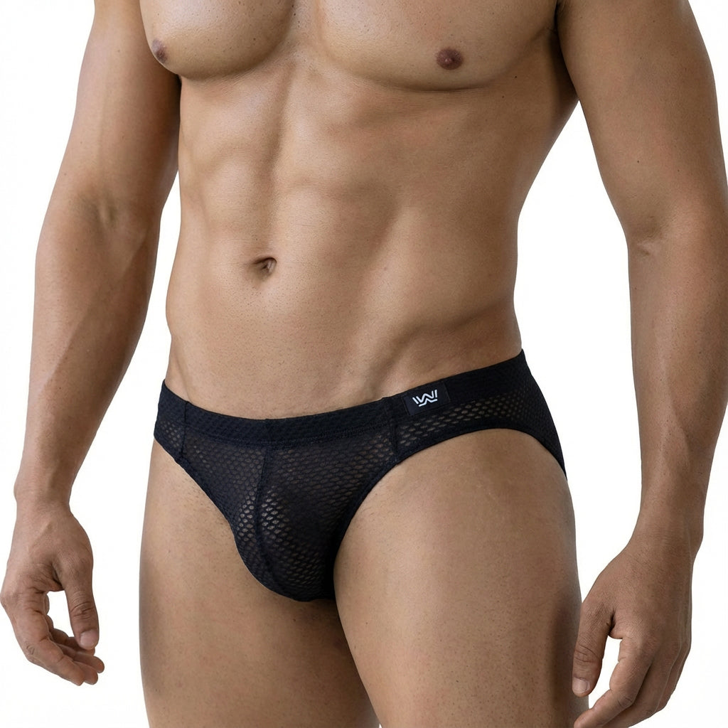 MetroMaleWear grid mesh bikini black briefs with sleek form fitting design and subtle logo on the waistband