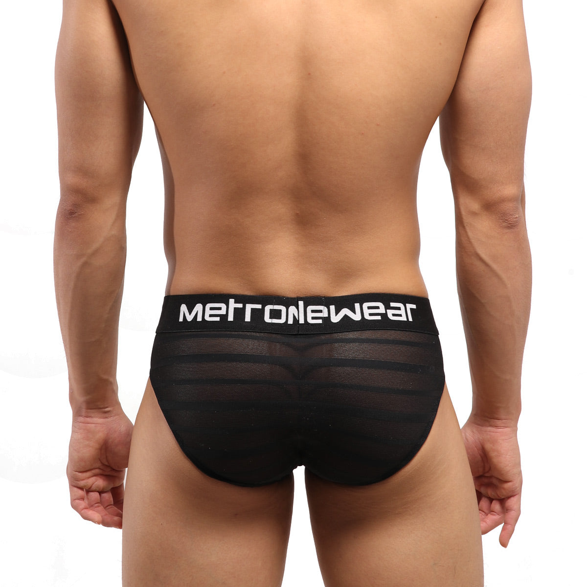 Black highcut hip mesh briefs with white metroNewear logo on waistband from MetroMaleWear 5103-41