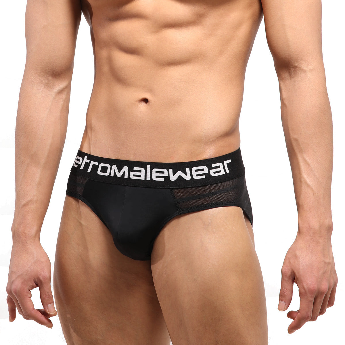 Black mens highcut hip briefs with mesh stripe and etromalewear logo on waistband in black color