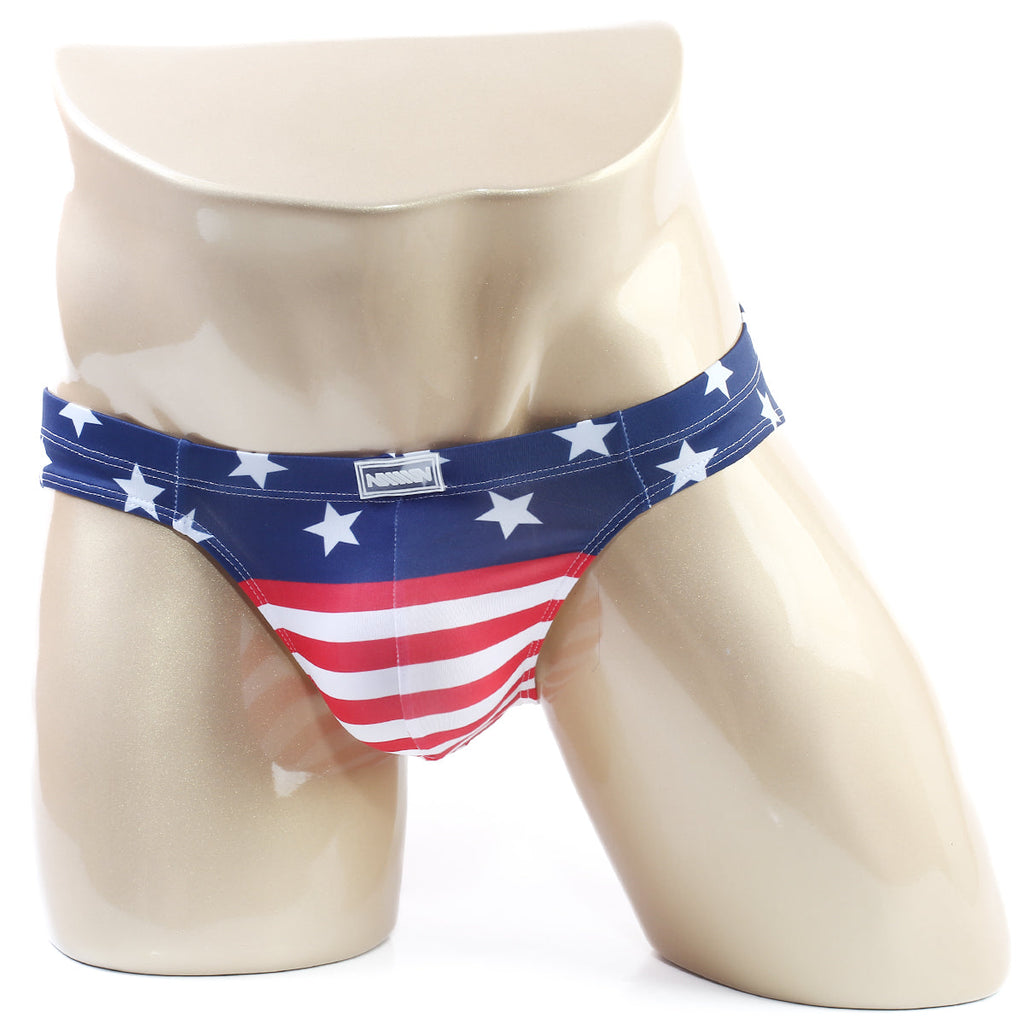 MetroMaleWear Colina bikini patriot 5144-90 men’s briefs with blue red and white American flag theme and glossy fabric finish