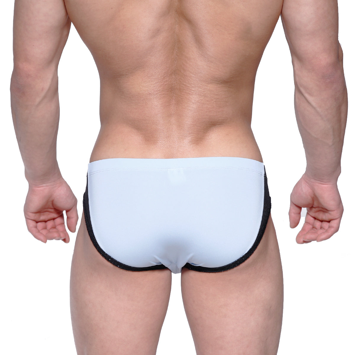Light blue metroMalewear lobo hip brief swim trunks with black trim designed for a comfortable fit