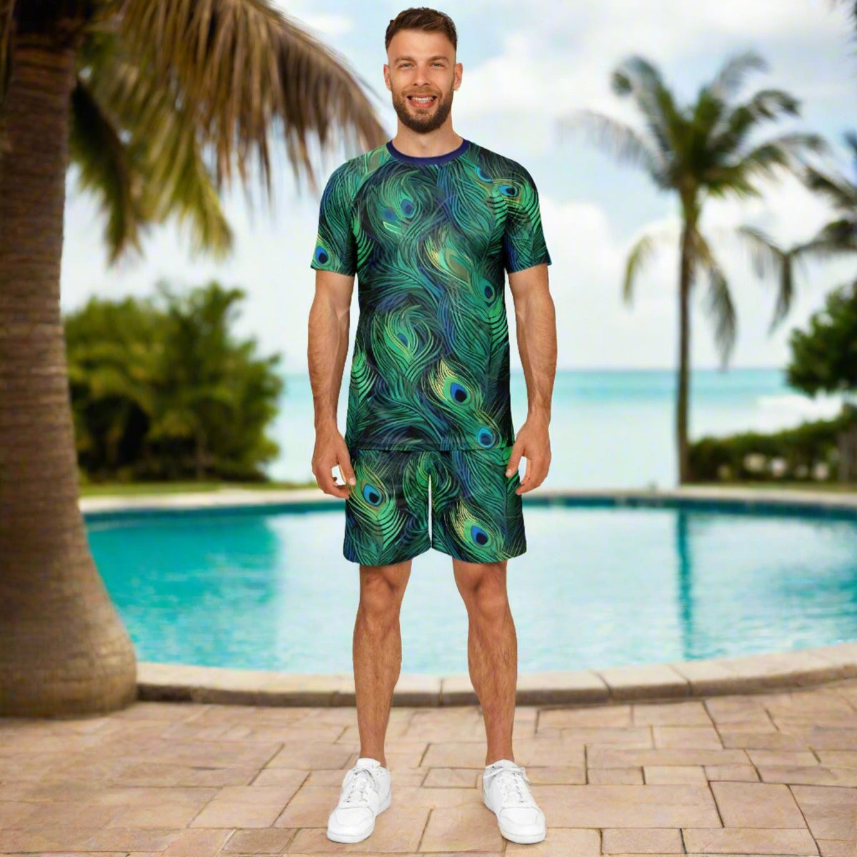 Maris Equi Peacock Feather Print Shorts And Top Set For Men