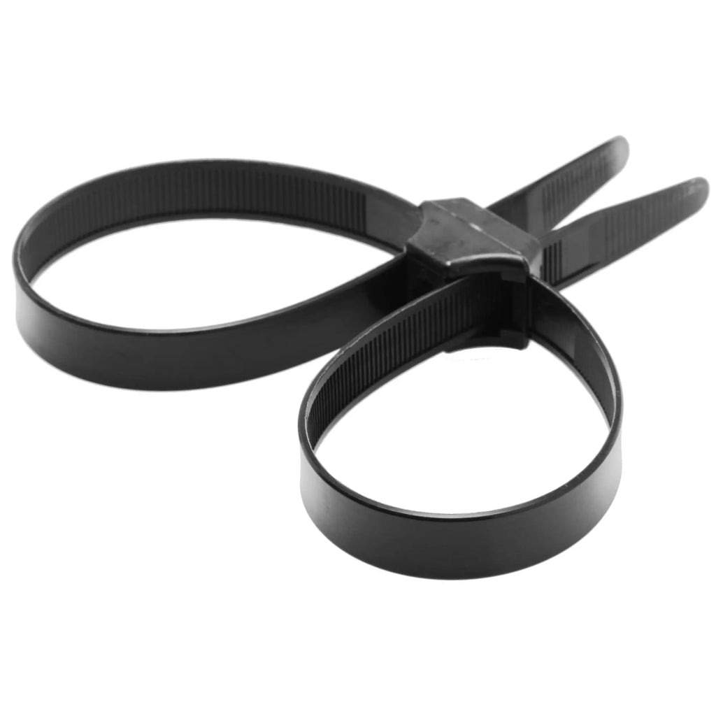 Black plastic zip tie police cuffs with textured grip and two prongs for securing items 5 pack misbehaved model