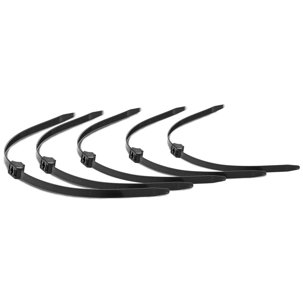 5pk misbehaved black zip tie police cuffs made of matte black plastic with rectangular locking heads