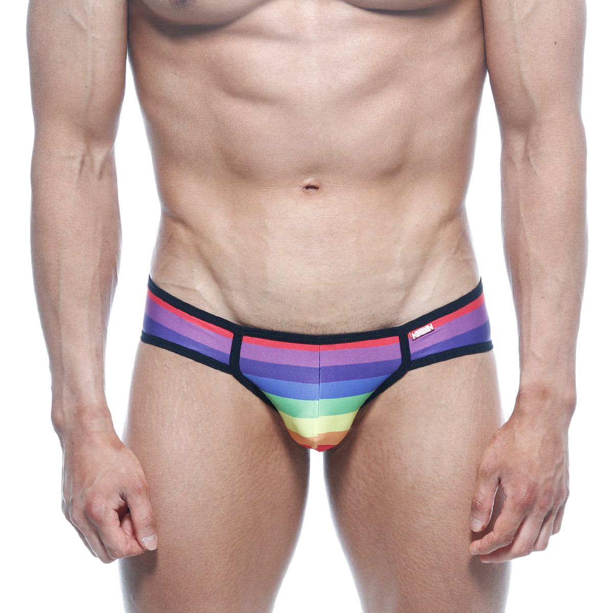 MetroMaleWear rainbow bikini 6105-04 rainbow-striped men briefs with black trim and red brand tag