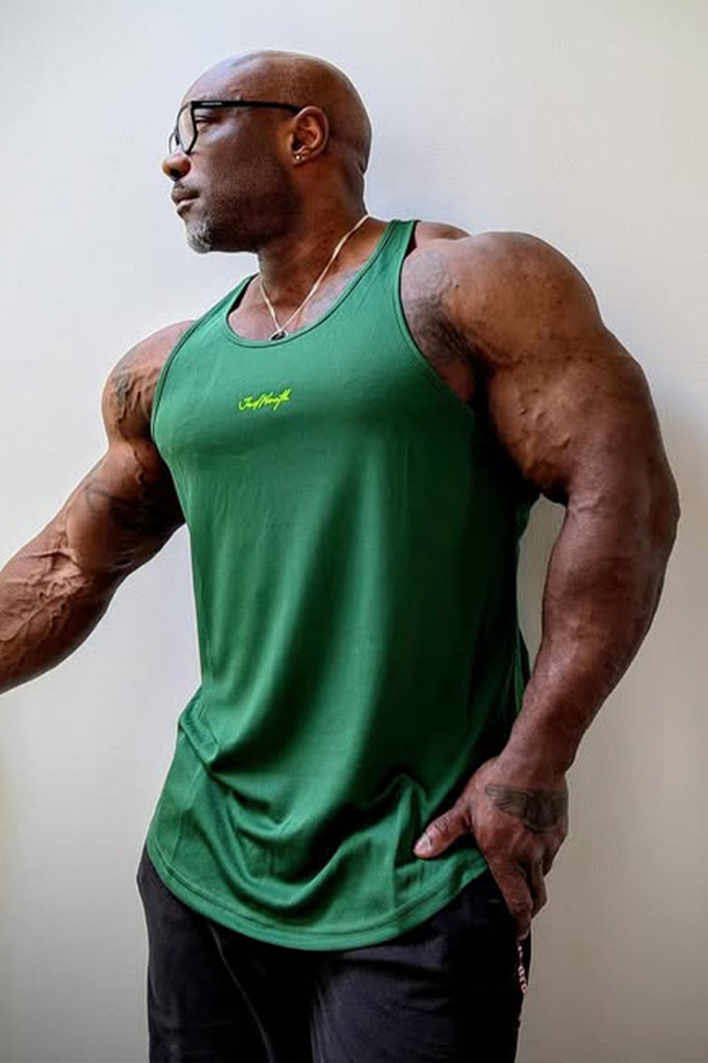 Jed North Men's Fast-Dry Bodybuilding Workout Stringer - Green w/ Neon Logo