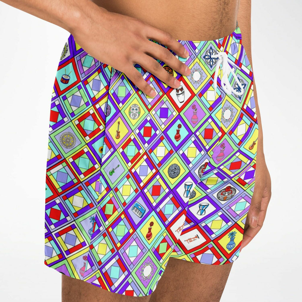 Maris Equi Retro Mod Geometric Diamond Print Swim Trunks for Men