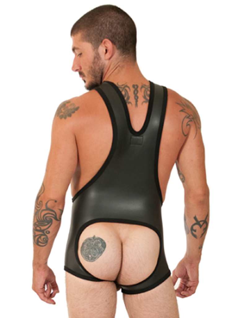 665 Inc. Neopren-Wrestling-Singlet mit offenem Schritt, Bodysuit, Schwarz, 78, Größe S